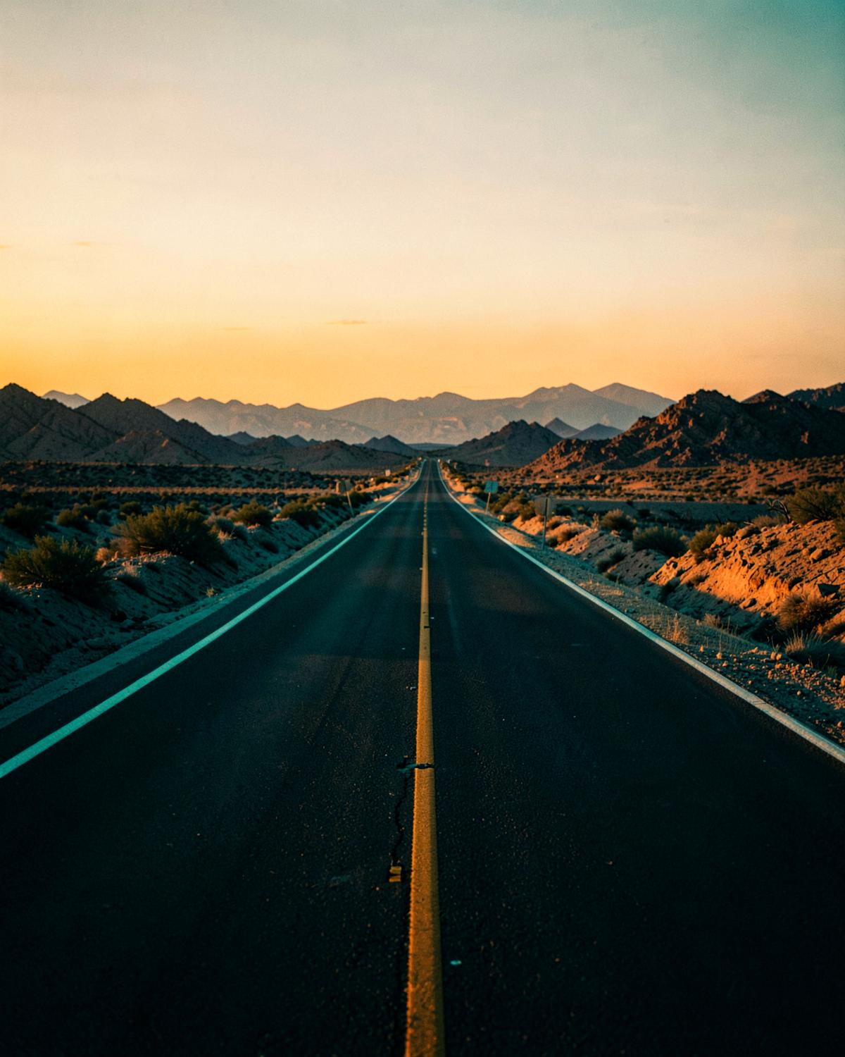 Colour-graded film still of a desert highway